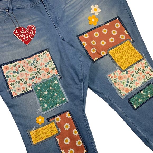Slink Patched Boho Cropped Jeans Flower Pink Yellow Green Bee Charm Waist 56 - Picture 4 of 13